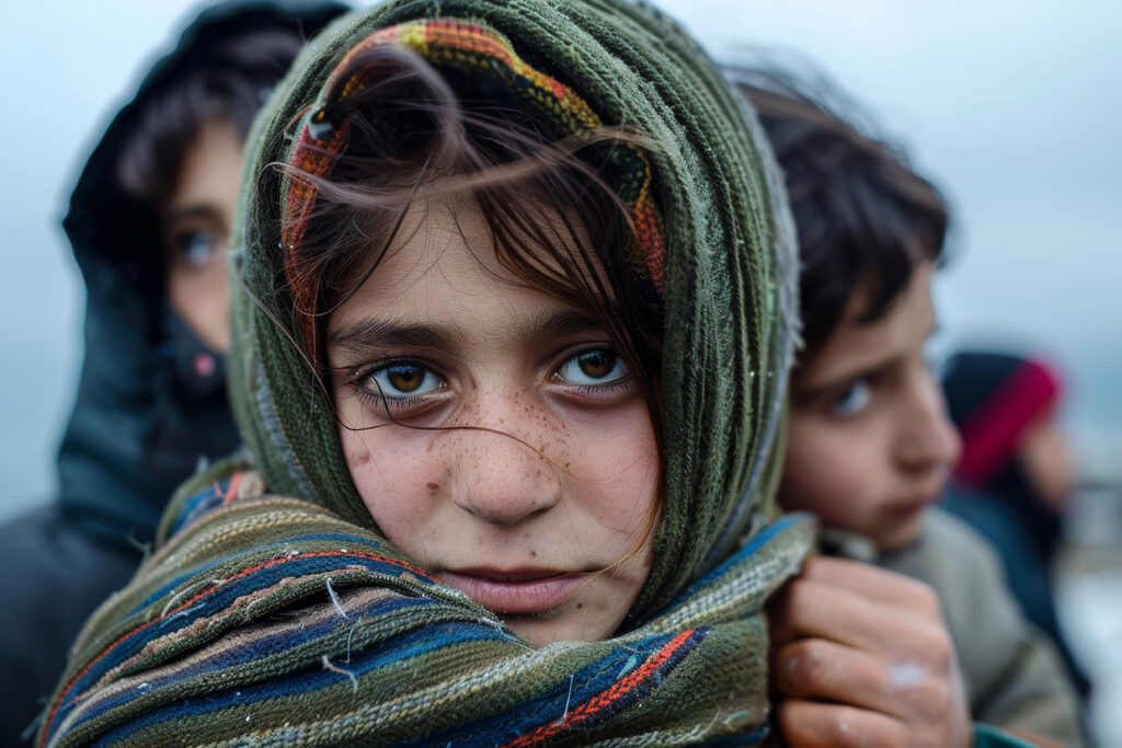 The image shows refugees in a camp wearing scarfs and jackets against the cold. A young refugee girl is seen looking intently back at the viewer. The purpose of the image is dramatic effect.